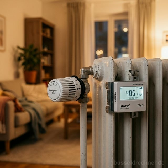 Heizkostenverteiler und Thermostatventil an einem Heizkörper in einer deutschen Wohnung