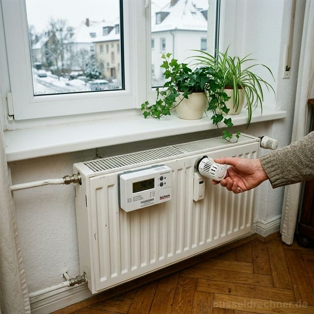 Hand dreht am Thermostatventil eines Heizkörpers mit digitalem Heizkostenverteiler – Symbolbild Heizkosten und Nebenkostenabrechnung