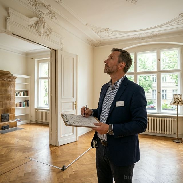 Sachverständiger mit Klemmbrett und Maßband inspiziert eine Berliner Altbauküche – Symbolbild Wohnungsbewertung