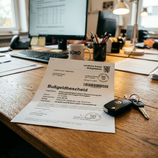 Bußgeldbescheid auf einem Schreibtisch mit Autoschlüssel – Symbolbild Einspruch prüfen