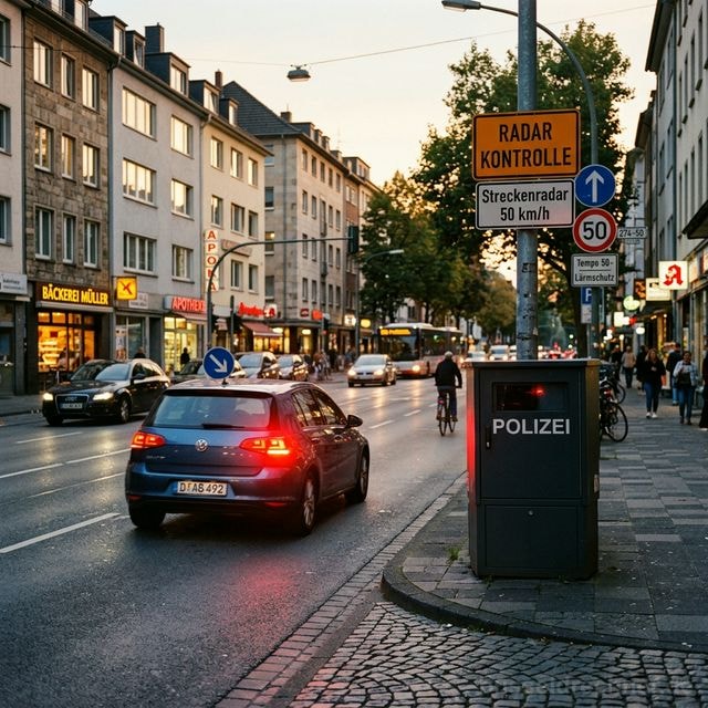 Stationärer Blitzer an einer deutschen Stadtstraße — Radarkontrolle mit Polizei-Kennzeichnung