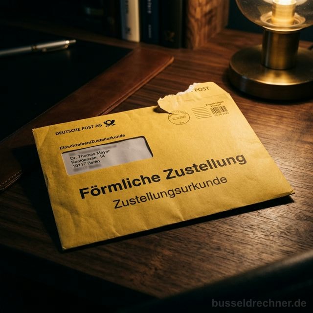 Gelber Behördenbrief auf einem edlen dunklen Holzschreibtisch, illuminiert von einer warmen Lampe