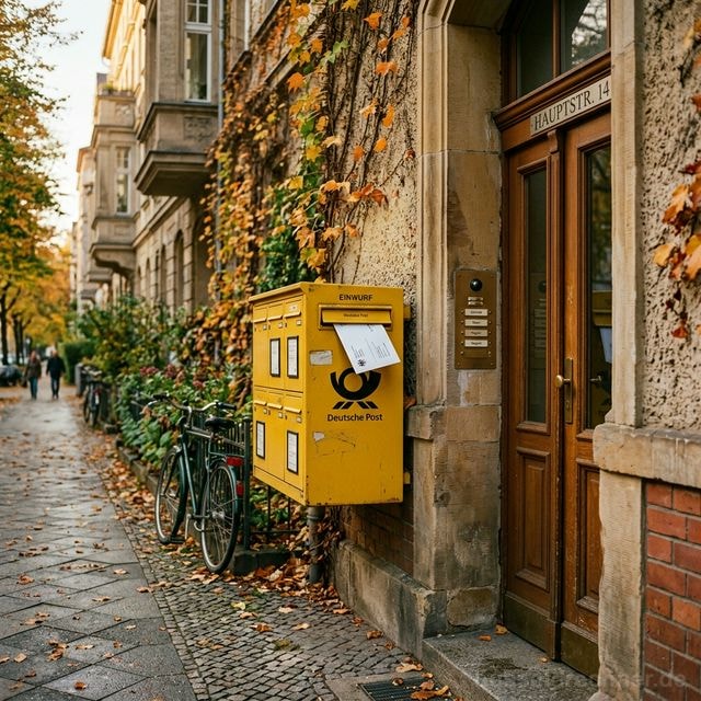 Gelber Briefkasten der Deutschen Post mit amtlichem Schreiben — Zustellung eines Bußgeldbescheids