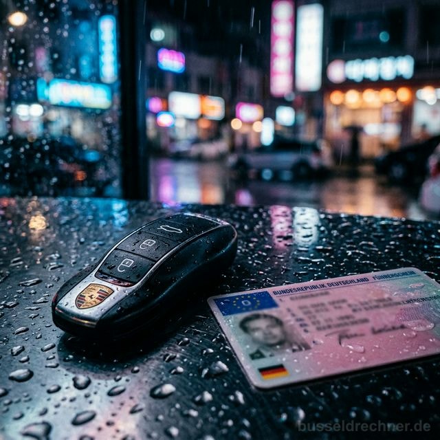Hochwertige Nahaufnahme eines Autoschlüssels neben einem deutschen Führerschein im Regen, beleuchtet von Neonlichtern