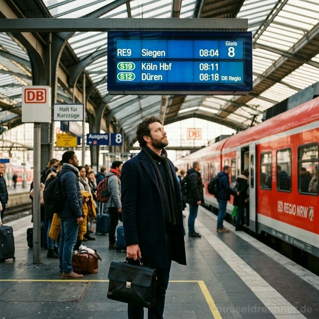 Pendler wartet an einem Deutsche-Bahn-Bahnsteig — Alltag während eines Fahrverbots