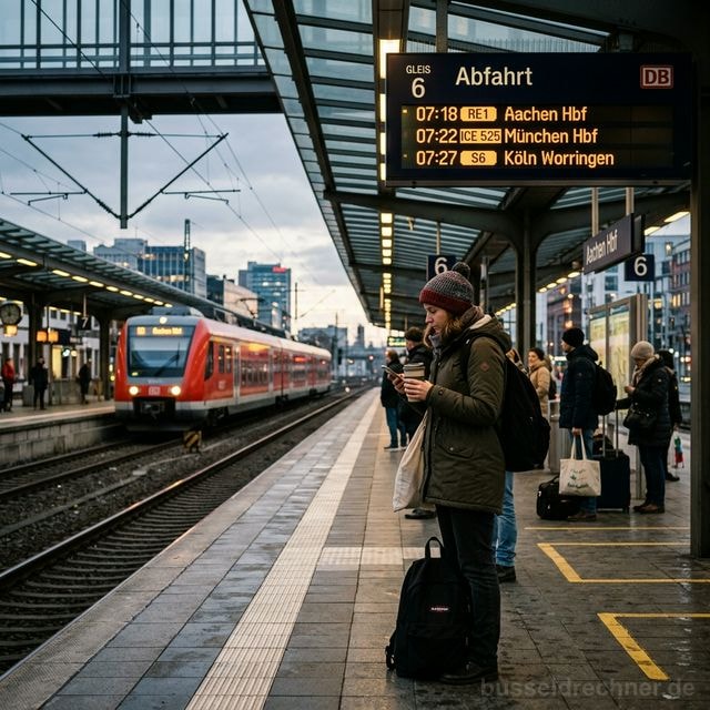 Pendler wartet am Bahnsteig einer deutschen Bahnstation – Alternative zum Auto bei Fahrverbot