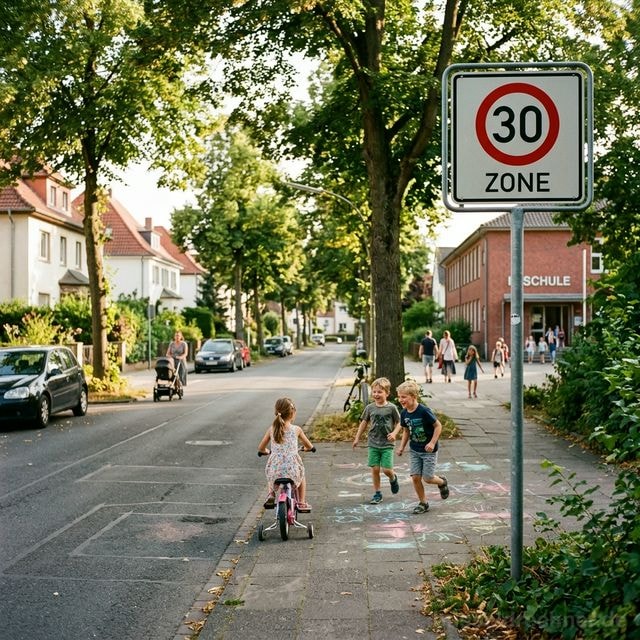 Tempo-30-Zone in einem deutschen Wohngebiet mit spielenden Kindern nahe einer Schule