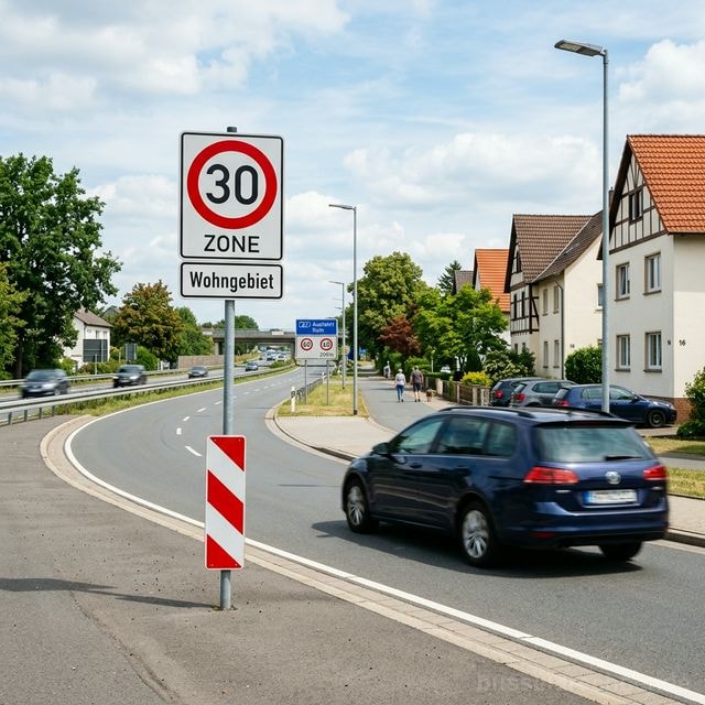 Tempo-30-Zone Schild in einem deutschen Wohngebiet – Geschwindigkeitsbegrenzung