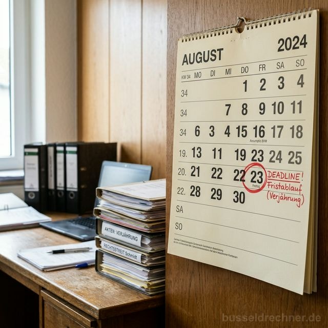 Wandkalender mit rot markiertem Fristablauf und Aktenordnern – Verjährungsfrist