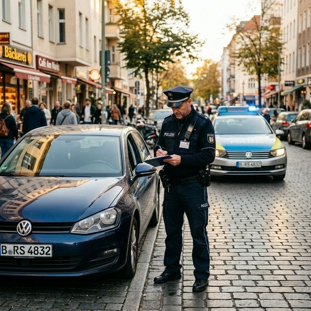 Berliner Polizist schreibt ein Knöllchen an einem parkenden Auto — Verkehrsordnungswidrigkeit