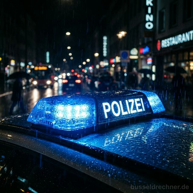 Hochwertige Nahaufnahme des leuchtenden blauen POLIZEI-Dachlichts eines deutschen Streifenwagens bei regnerischer Nacht mit unscharfen Stadtlichtern im Hintergrund