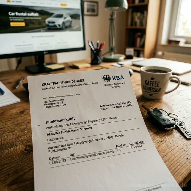 Punkteauskunft vom Kraftfahrt-Bundesamt (KBA) mit Autoschlüssel und Kaffeetasse auf einem Schreibtisch