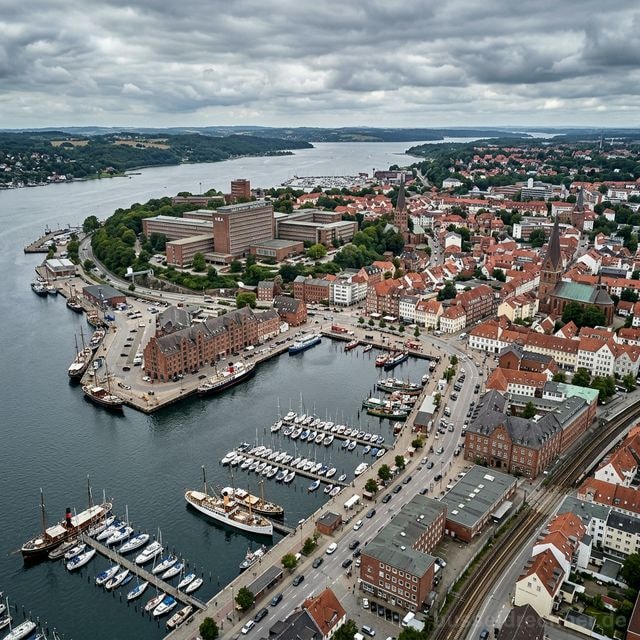 Luftaufnahme des Flensburger Hafens – Sitz des Kraftfahrt-Bundesamts (KBA)
