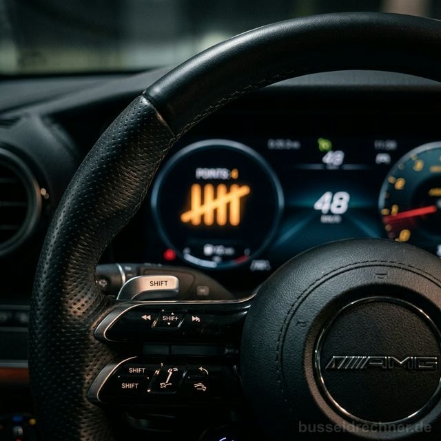 Elegantes Lenkrad aus dunklem Lederleder, mit leuchtend orangen Strichlisten im unscharfen Hintergrund als Symbol für Punkte in Flensburg