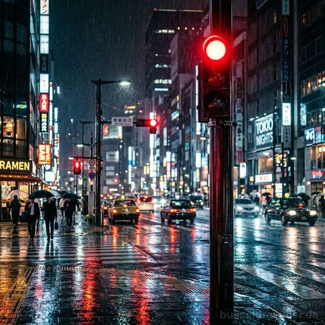 Zwei Meter große Verkehrsampel leuchtet in tiefem Rubinrot an einer regennassen Kreuzung bei Nacht, hochinnovative filmische Beleuchtung und Neon-Reflexionen