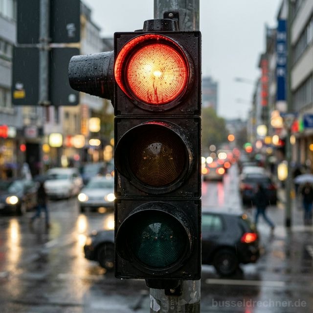 Nahaufnahme einer roten Ampel mit Regentropfen – Rotlichtverstoß-Symbolbild