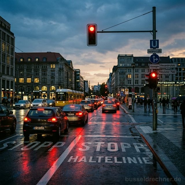 Rote Ampel an einer Berliner Kreuzung bei Dämmerung — nasser Asphalt reflektiert das rote Licht