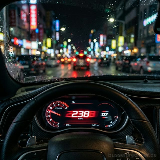 Rot leuchtender digitaler Tacho zeigt eine hohe Geschwindigkeit in dunkler, regnerischer Nacht mit unscharfen Neonlichtern im Hintergrund