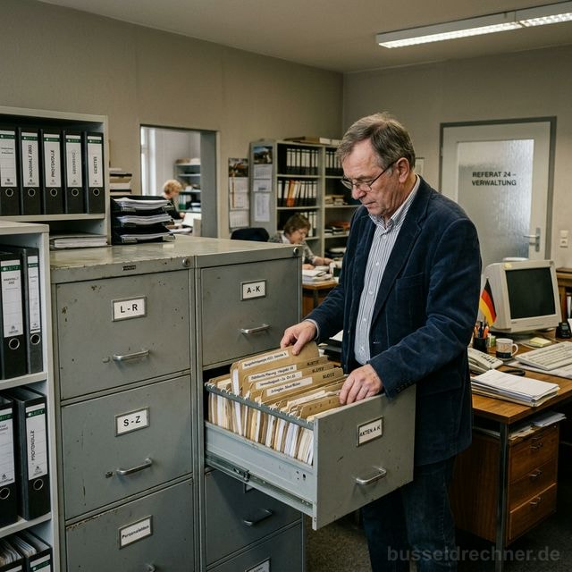 Beamter zieht eine Akte aus einem Aktenschrank – Verwaltungsregister des KBA