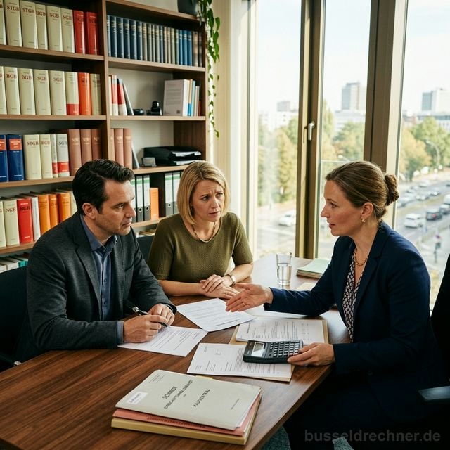 Ehepaar in einer Anwaltskanzlei bei der Beratung über Scheidungskosten — die Anwältin erklärt die Kostenaufstellung