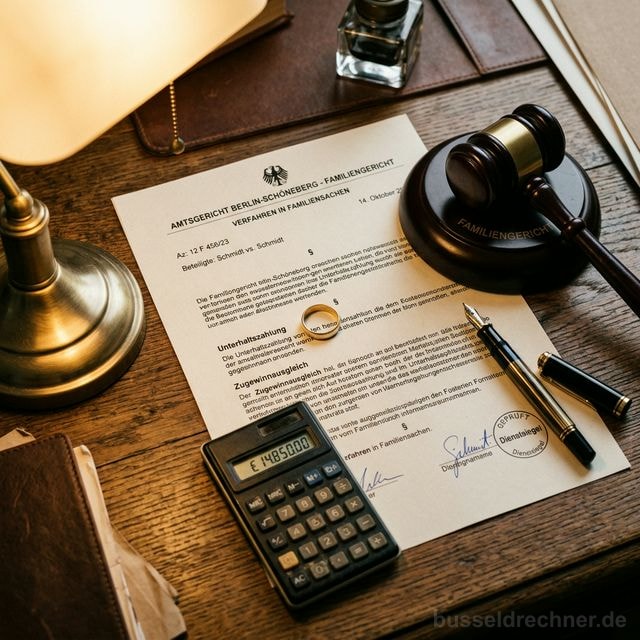 Familiengerichts-Beschluss mit Richterhammer, Ehering und Taschenrechner auf einem Schreibtisch — Symbolbild Scheidungskosten