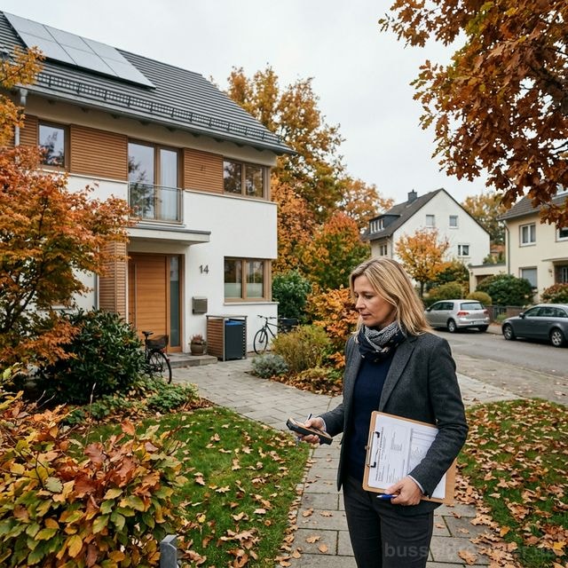 Sachverständige bewertet ein deutsches Einfamilienhaus für den Zugewinnausgleich — Gutachterin mit Klemmbrett vor Immobilie