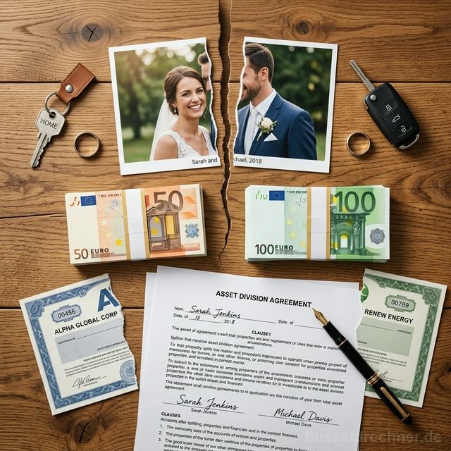 Flat-Lay-Symbolbild: Vermögensaufteilung bei Scheidung — zerrissenes Hochzeitsfoto, Euro-Scheine, Hausschlüssel, Autoschlüssel und Scheidungsdokument